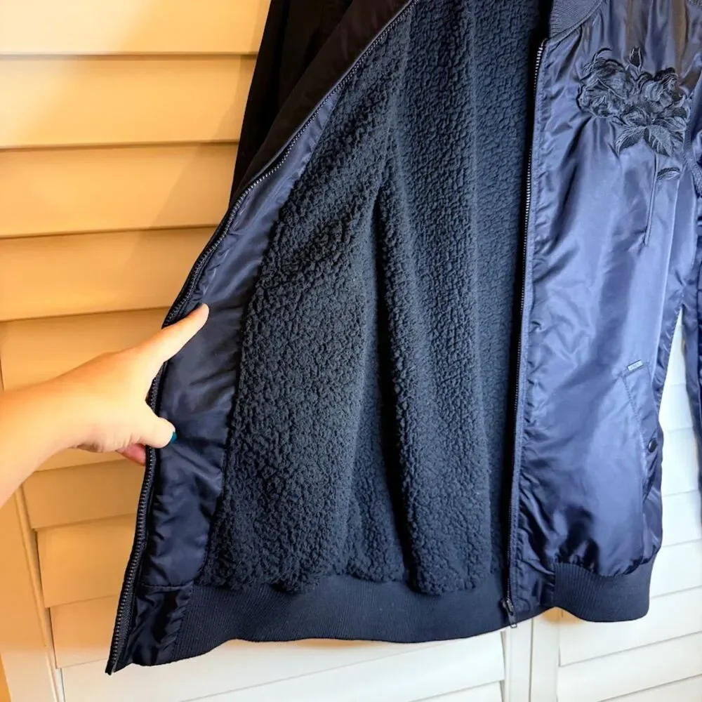 Obey Rose Embroidery Fleece-Lined Longline Black Bomber Jacket size M - Picture 11 of 12